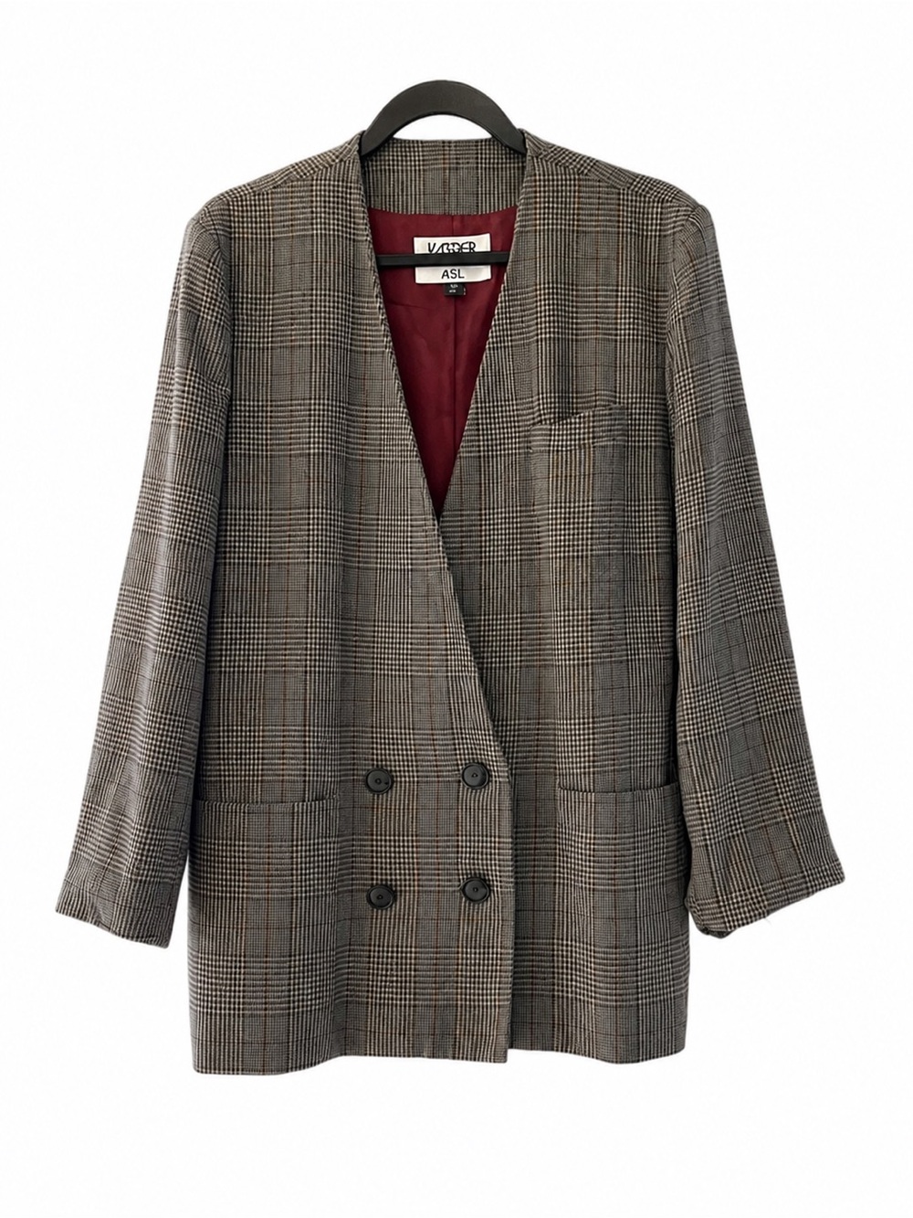 Kasper for ASL Double-Breasted Plaid Blazer Jacket in Brown
